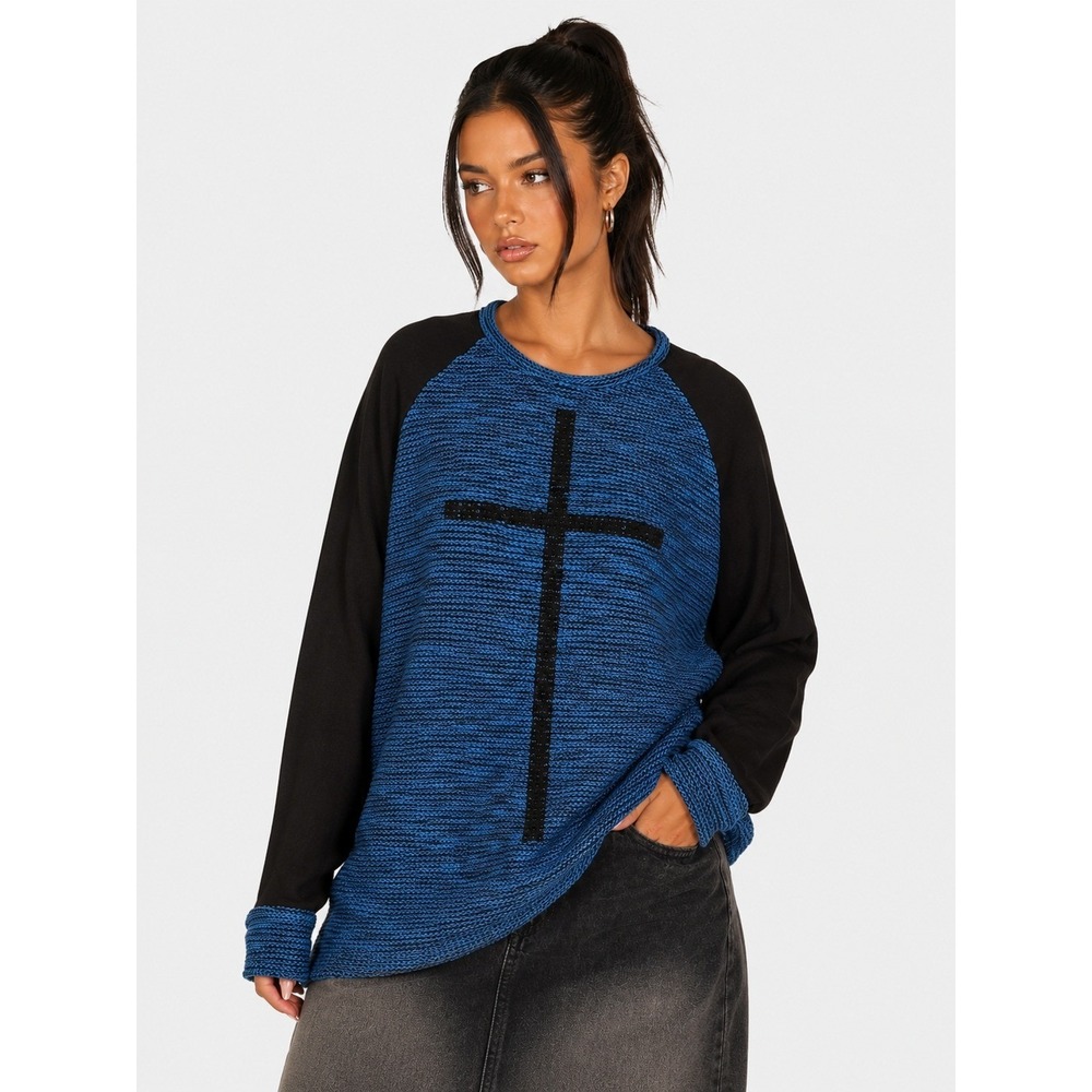 Vocal USA Blue Black Space Dye Knit Rhinestone Cross Raglan Top Size L
